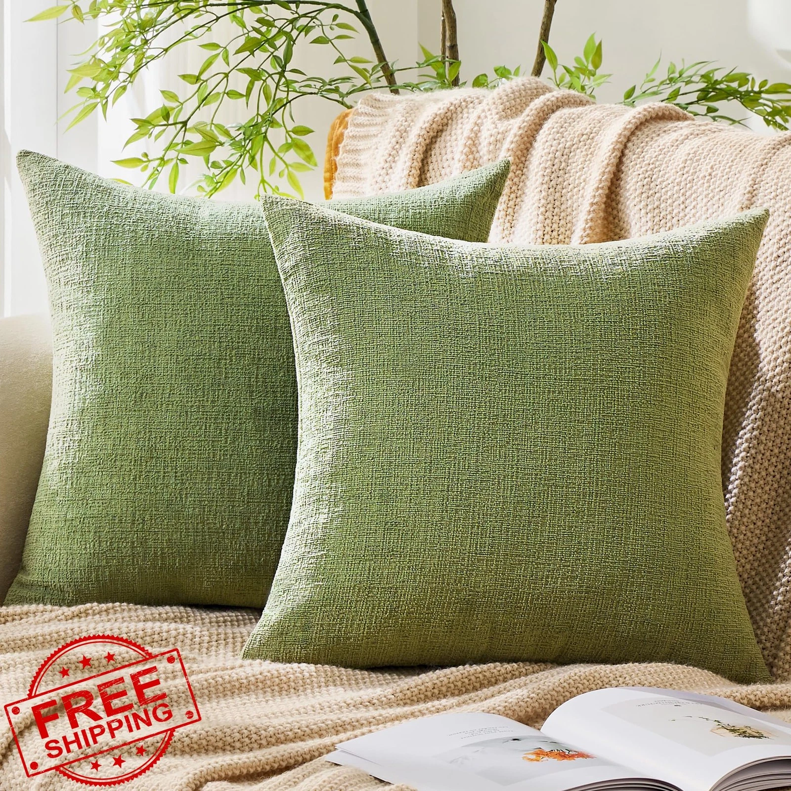 GAWAMAY Chenille Pillow Covers Sage Green 18x18 Inch Textured Farmhouse