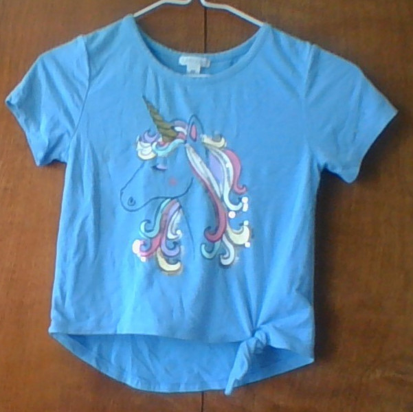 FlapDoodles Sequin Multi-Color Mane Unicorn Side Tie Short Slv Shirt Size 6X Blu