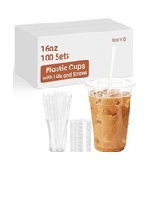 100 Pack 16 oz Clear Plastic Cups with Lids  Straws, Disposable Plastic nib