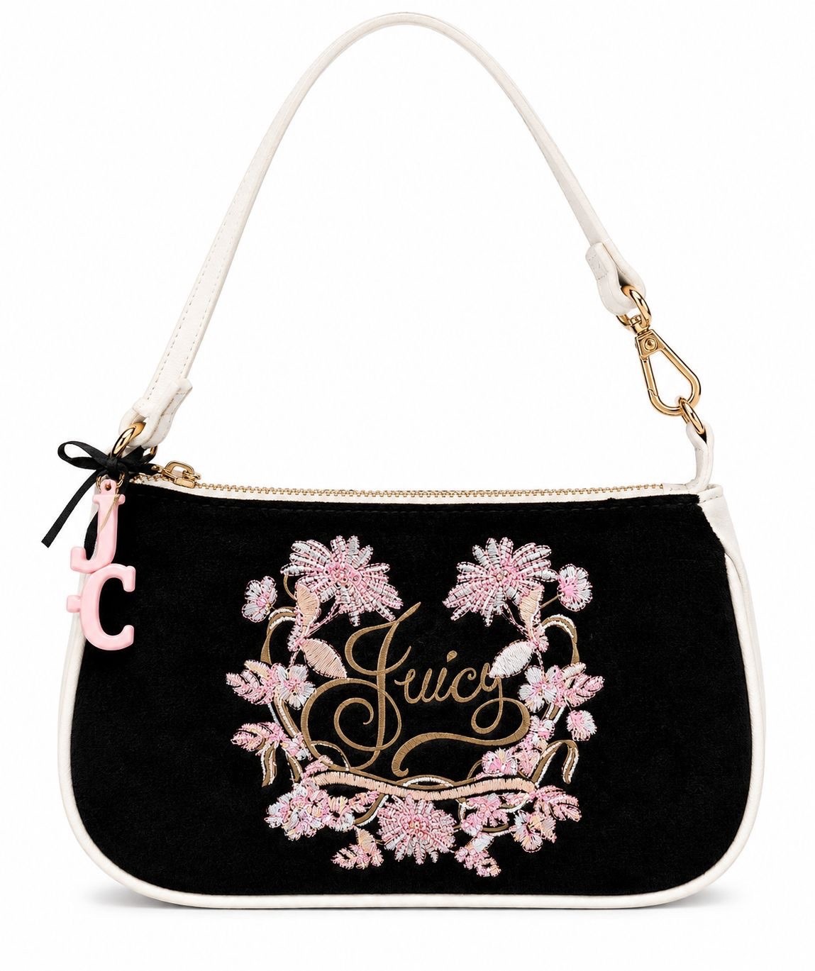 Juicy Couture Shoulder Bag Black White Floral Embroidery Heart Charm Gold Zip