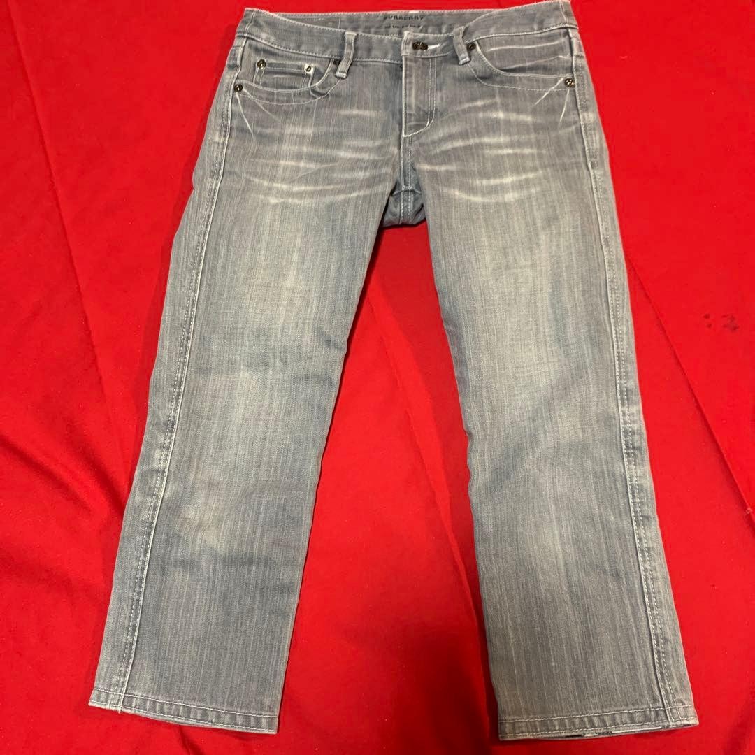 BURBERRY BLUE LABEL Light Blue Denim Pants Straight Cut Distressed Design