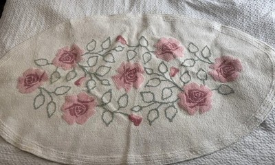 Cotton Chenille Rose Oval Large Rug 3 x5  Vintage Pinks Green Off White Cottage
