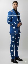 Men's 2Pc Blue Bespoke Floral Embroidered Nudie Western cowboy Cocktail Prom