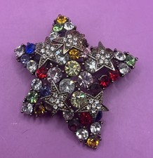 Vintage Tiered Unique Multi Color Rhinestone Star Pin Brooch Gold Tone