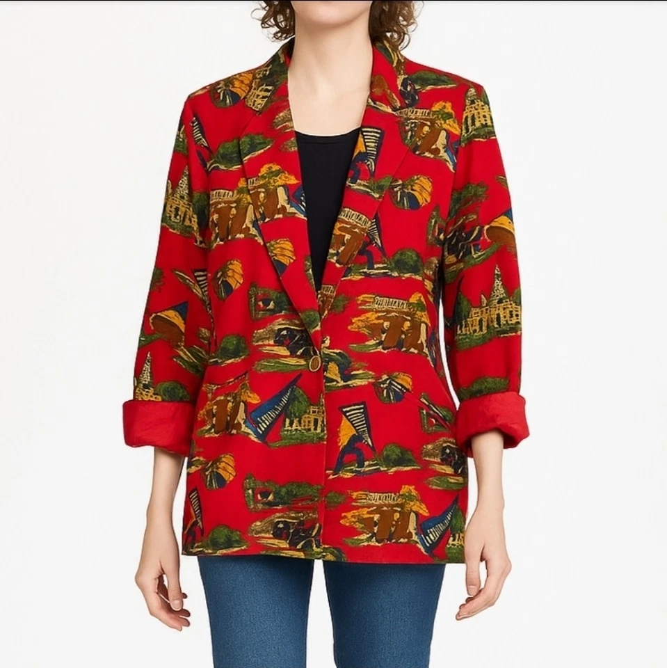 Blazer estampado fútbol americano vintage años 90 rojo día del juego universitario para mujer talla mediana Foto 2 de 4