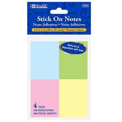 Bazic Stick-On Notes 1.5''x2'' Pastel Colors 100 Sheets/Pad 4/Pk Office School