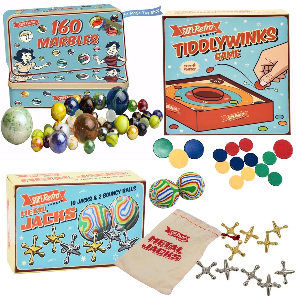 THE MAGIC TOY SHOP Traditional Retro Classic Games - Glass Marbles Tin, Metal Jacks & Tiddlywinks