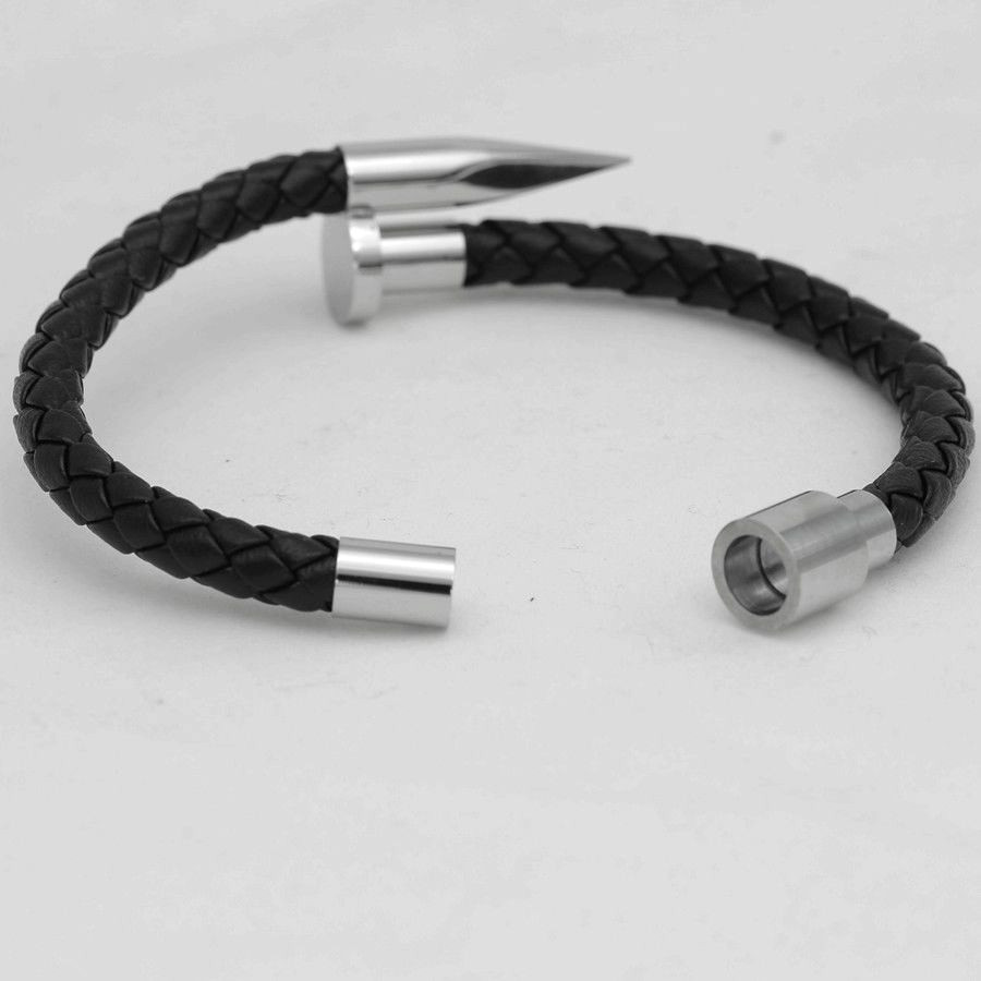 DG Men's Stainless Steel 8" Black Braided Leather Nail