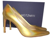 Stuart Weitzman Pumps Curvia Leather 100mm Shoes Sz 8 Gold Mustard Pointy Toe