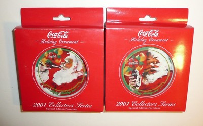Lot of 2 Coca Cola Coke Holiday Ornaments Discs 2001 Collector's Series SANTA