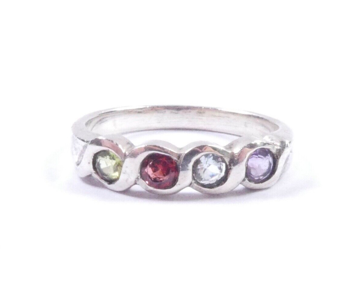 Ring Rainbow Multi Coloured CZ Four Stone 925 Ste… - image 1