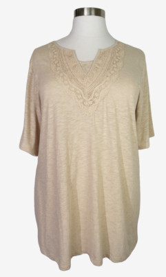 CATHERINES BEIGE W/ CROCHET LACE NECK SHORT SLEEVE COTTON TOP Sz 5X 34/36W