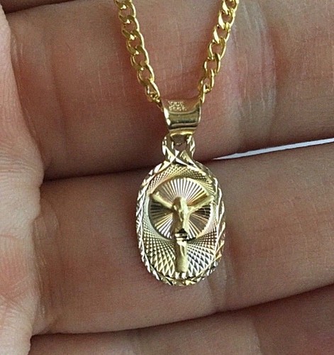Collana con ciondolo ovale Gesù Cristo in oro massiccio 14 carati - catenina 20" bordo 2 mm - PT338 - Foto 3 di 11