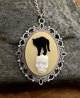 Black Cat & Skull Cameo Necklace, Halloween Witch Gothic Vintage Pendant