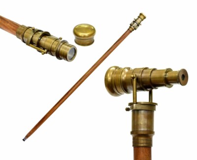 Golden Finish Brass Telescope Head Handle Vintage Wooden Walking Stick Cane Gift