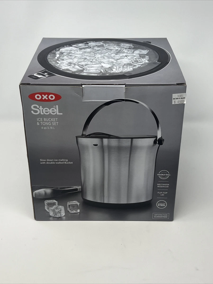 OXO SteeL 4 Quart Stainless Steel Ice Bucket with Double-Wall & Tong Set  NEW