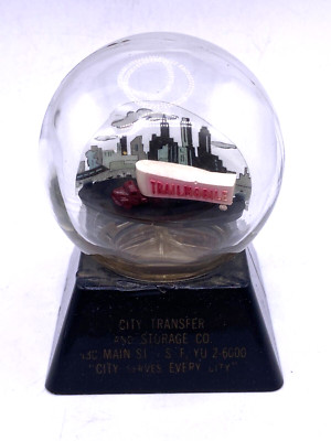 Vtg. TRAILMOBILE advertising glass bulb light? city scape on base