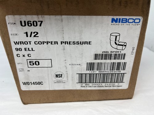 BOX of 50 NIBCO U607 1/2" WROT COPPER PRESSURE 90 ELBOW Fast Free Shipping!