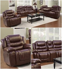 Brown Bonded Leather 3 Pieces sofa set w/central console & drop table
