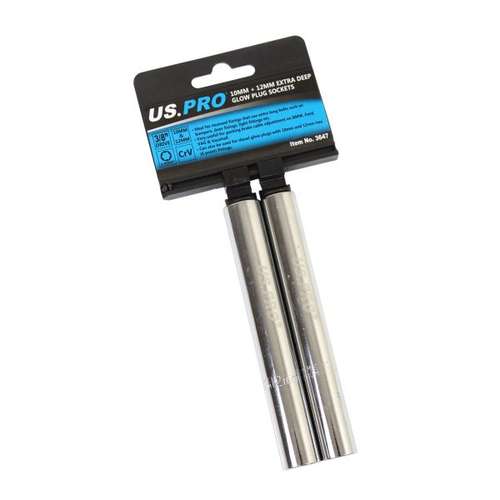 US PRO Tools 10MM + 12MM Extra Deep Glow Plug Sockets 6PT 3/8" DR 3647