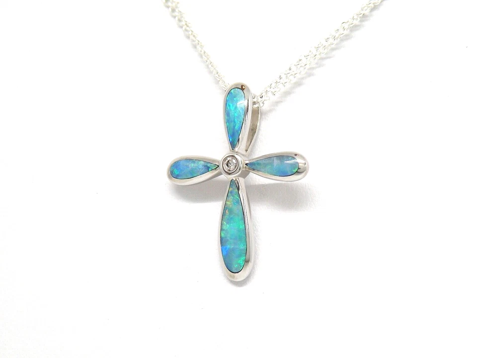 Authentic Kabana 14k White Gold,   Four Star Opal Inlay,  Diamond, Cross Pendant - Image 2 of 4