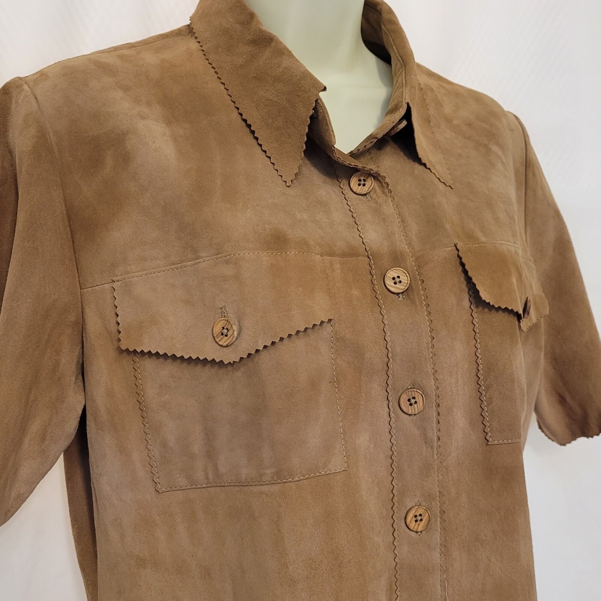 Sundance Short Sleeve Suede Leather Button Front Shirt Camel Tan