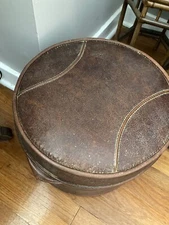 MCM Brown Vinyl Round Pouf or Ottoman 12” Tall 13.5” Wide