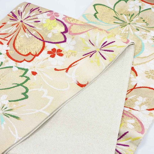 [Women] [Silk] [450cm] [Good Condition] Gold Sakura Fukuro Obi - Picture 11 of 12