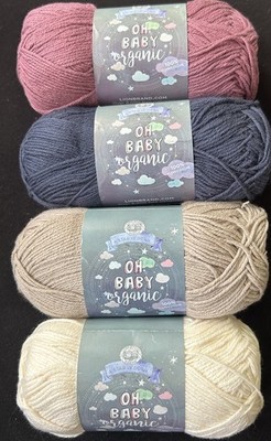 Lot of 4 skeins: Lion brand oh baby organic cotton yarn, Mauve, Navy, Tan & Ecru
