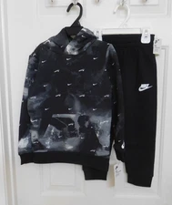 NWT 2pc Nike Black Gray White Swoosh Hooded Sweatshirt & Joggers Set sz 3t 4t