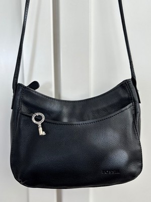 Fossil Black Leather Slouch Saddle Crossbody Bag Small Purse Silver Key Charm