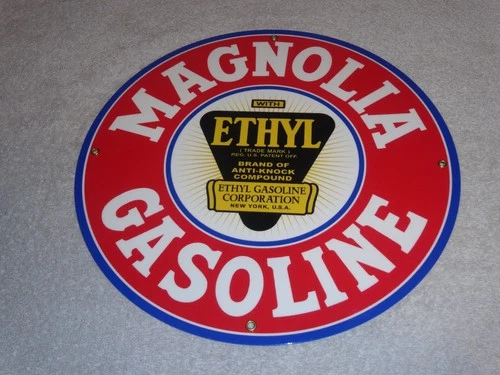 VINTAGE MAGNOLIA GASOLINE WITH ETHYL 11 3/4" PORCELAIN METAL MOBIL GAS OIL SIGN!