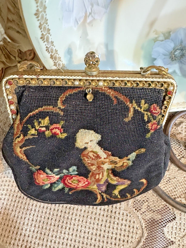 Antiguo Bolso de Mano Pequeño Punto Escénico Hombre Tocando Guitarra y Rosas Cartera #6 Foto 3 de 4