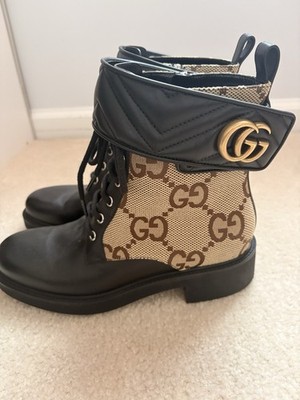 Authentic Gucci GG Marmont canvas and leather ankle boots