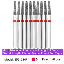 10pc Dental FG High Speed Diamond Burs Round End Taper Burs 855-014F Fine Grit
