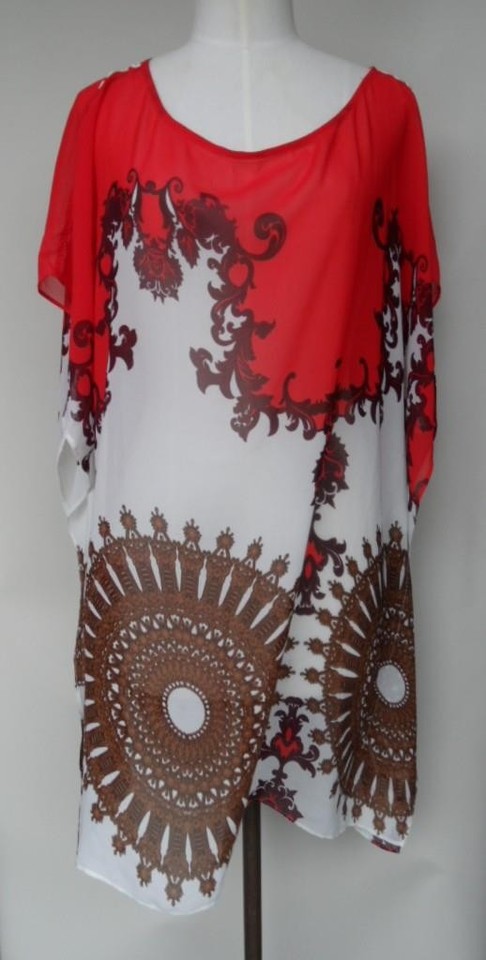 Vina Silk Company Vietnam Red Beige Brown Kaftan Dress Swimwear Coverup