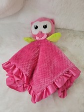 Okie Dokie Pink Owl Baby Lovey Satin Ruffle Security Blanket Soft Cuddle
