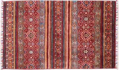 Afghan Ziegler Khorjin Teppich 80x120 Handgeknüpft Rot Streifen Orient o - Bild 1 von 4