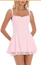 Women Mini Dress Ruffle Hem Tie Back Short Dress Flowy Corsett Dress Pink Sz Med