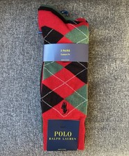 New Polo Ralph Lauren Men Red Green Black Argyle Crew Dress Socks 3 Pk Sz 6-12.5