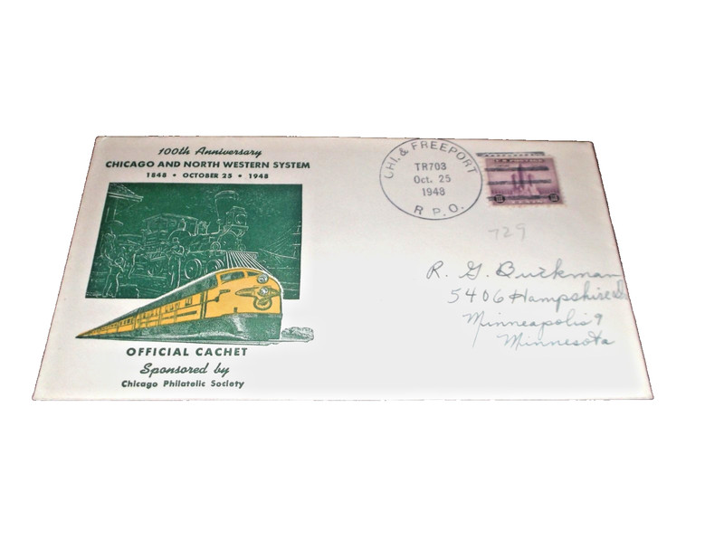 OCTOBER 1948 C&NW RAILWAY 100th ANNIVERSARY ENVELOPE WITH SPECIAL CACHET M
