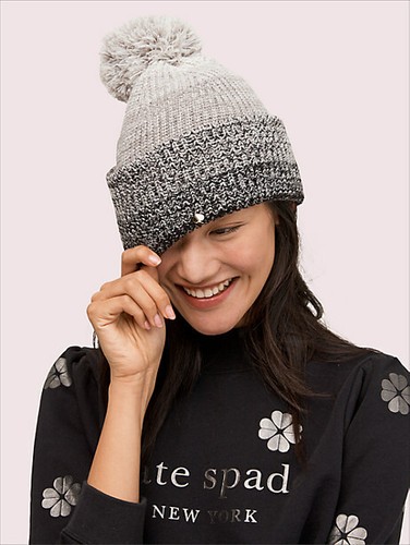 KATE SPADE OMBRE POM POM BEANIE BLACK 