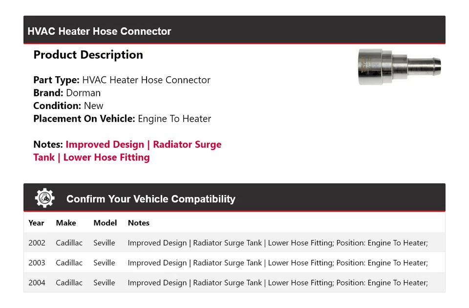 Conector de manguera de calefacción de climatización 2003 para Cadillac Seville Dorman 2002-2004 Foto 2 de 4