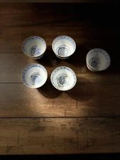 Pair of Chinese Porcelain Rice Bowls with Blue Dragon Centers Gold Trim Modern