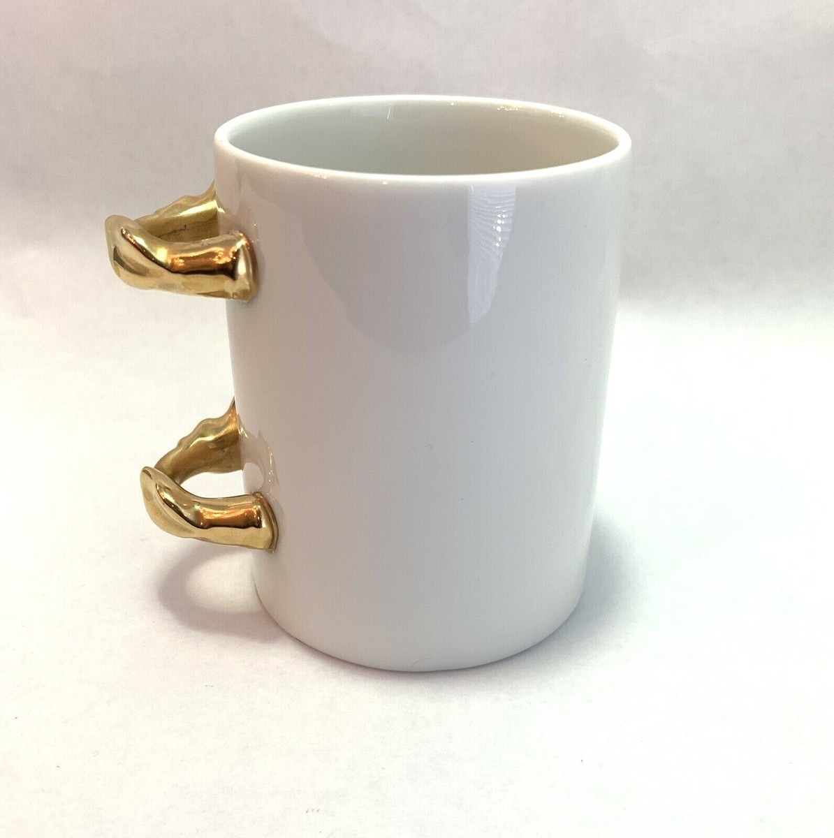 Fitz And Floyd Japan white coffee mug/cup gold tone handles 6oz