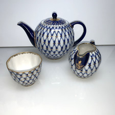 Lomonosov Russian Imperial Porcelain Gold Cobalt Net Teapot,Cup Creamer Set B2