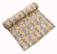 Art Kantha Double Quilt Floral Print Reversible Blanket Cotton Bohemian Throw