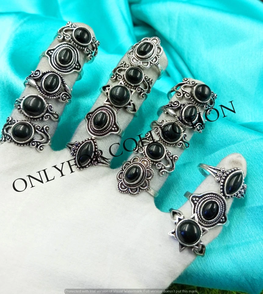 Increíble lote de anillos hechos a mano con piedras preciosas de ónix negro enchapados en plata de ley 925 Foto 2 de 4