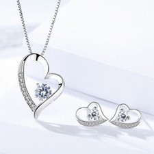 925 Sterling Silver Crystal Heart Pendant Necklace Stud Earrings Womens Gift 