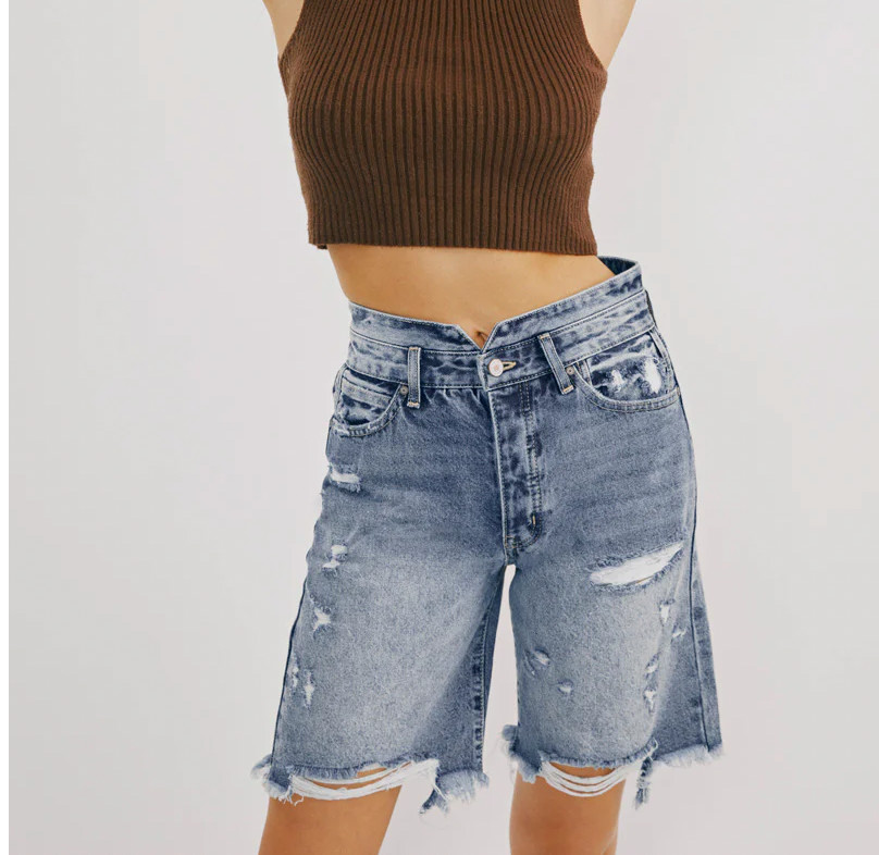 Kancan Shorts Womens 3/25 "Truly High Rise 90's Bermuda Shorts" Distressed Blue